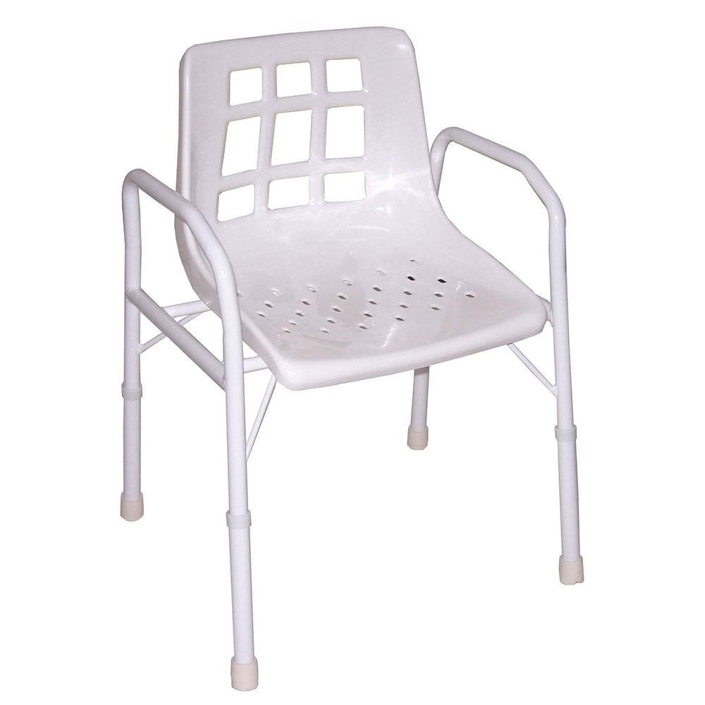 Staebel aluminium shower chair with arms and padded backrest, white moulded seat