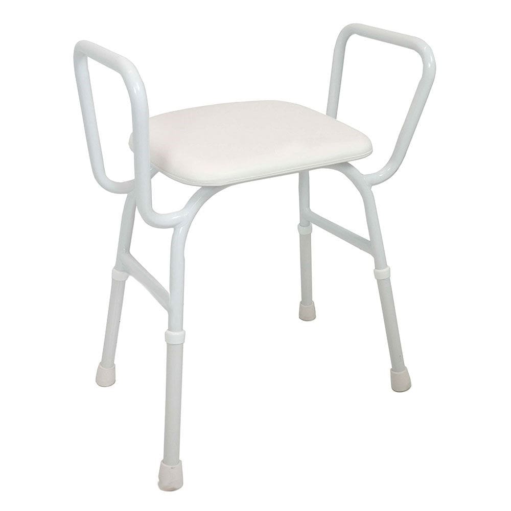 Staebel shower stool with white moulded plastic seat, integrated arms and aluminium frame