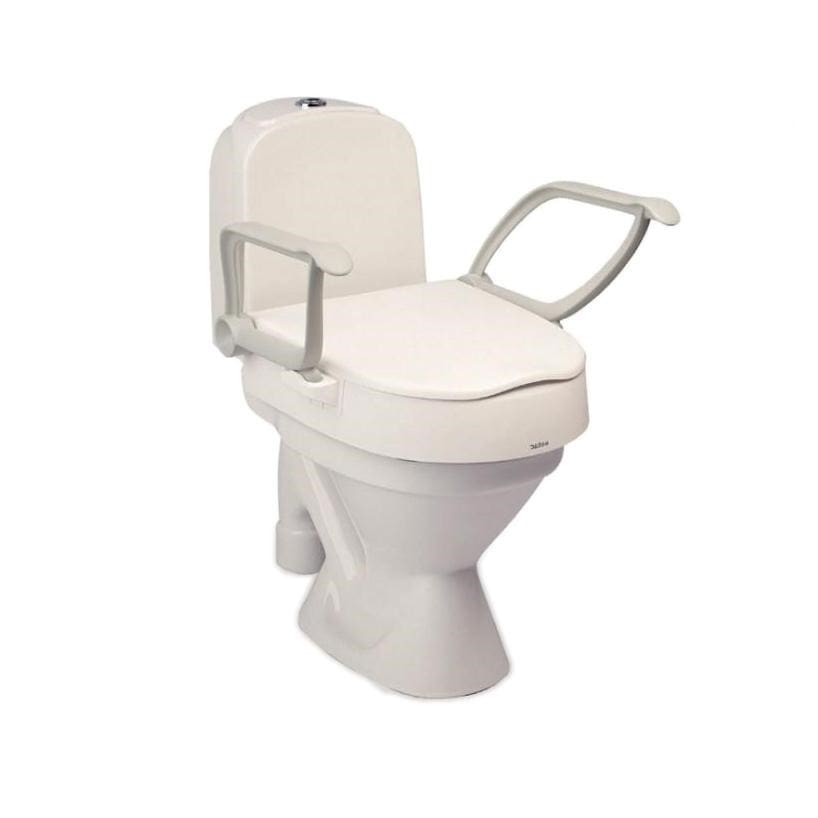 Etac Cloo raised toilet seat with foldable arm supports fitted to a toilet bowl
