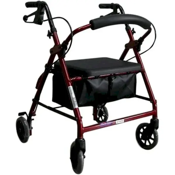 Peak Care Ellipse 6 inch red four wheel rollator with seat and basket