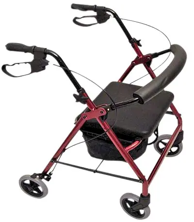 Peak Care Ellipse 8 inch red four wheel rollator with padded seat, backrest and basket