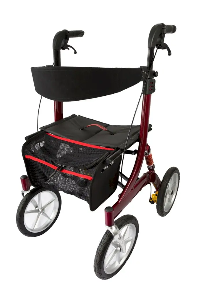 Peak Care Ellipse Lite Outdoor rollator with 11 inch wheels, suspension, padded seat and bag