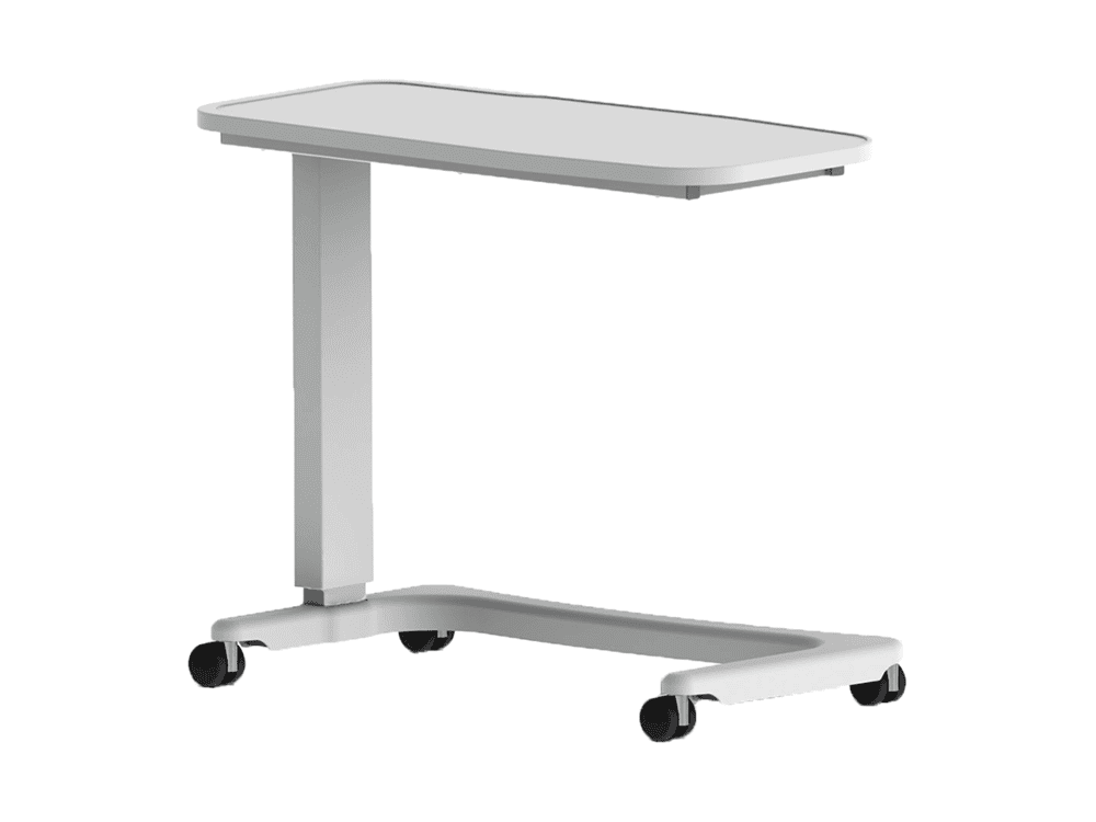 CareTek Easy Lift height adjustable overbed table with off white steel frame on castors