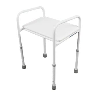 Endeavour Life Care wide height adjustable shower stool with support arms and white pop-in seat