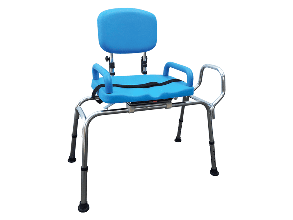 Freedom bath transfer bench with rotating moulded seat, padded backrest and armrests