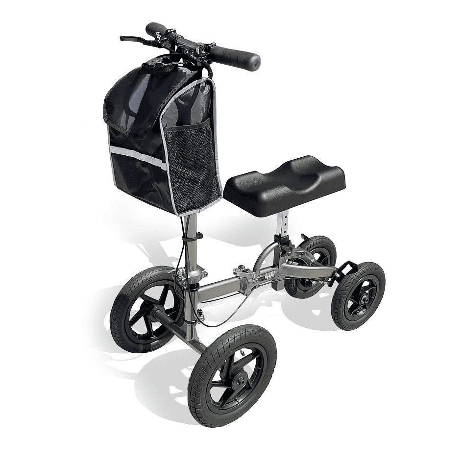 Redgum Comfort Ride knee walker in charcoal grey with air filled tyres and hand brakes