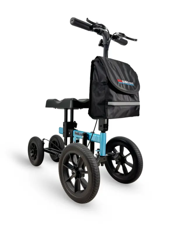 Redgum Cross Country knee walker with suspension in sky blue, flat free wheels