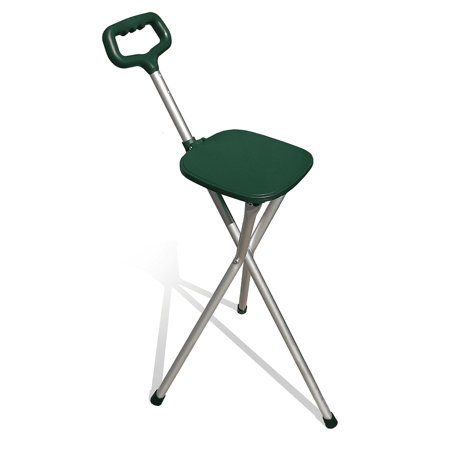 Red Gum Tripod Cane, Foldable With Seat, SWL 100Kg, Seat Height 54.5cm, Brushed Alum/Green