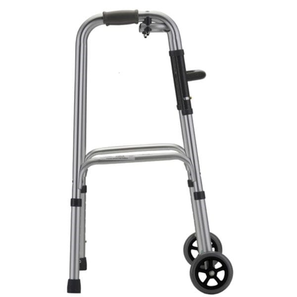 Redgum folding walking frame with 125 mm front wheels and rear tips, anodised aluminium