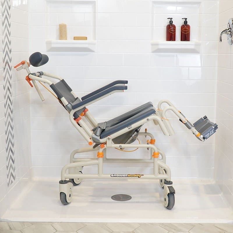 ShowerBuddy Roll-InBuddy Tilt shower commode chair with aluminium frame and padded seat