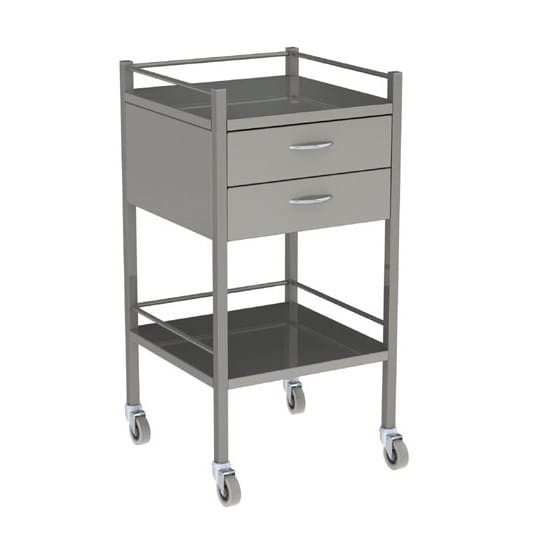 Stainless Steel Instrument Trolley, 490 x 490 x 900mm, 2 Drawers, With Rail
