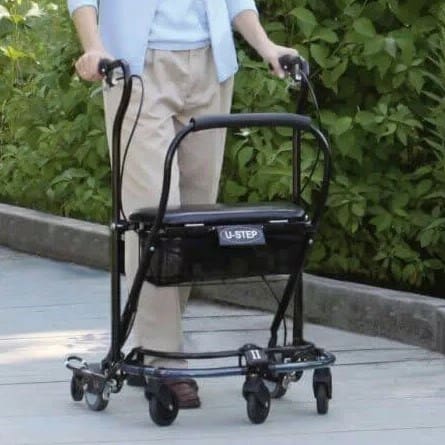 U-Step 2 walking stabiliser with U-shaped frame, fold up seat and basket, black